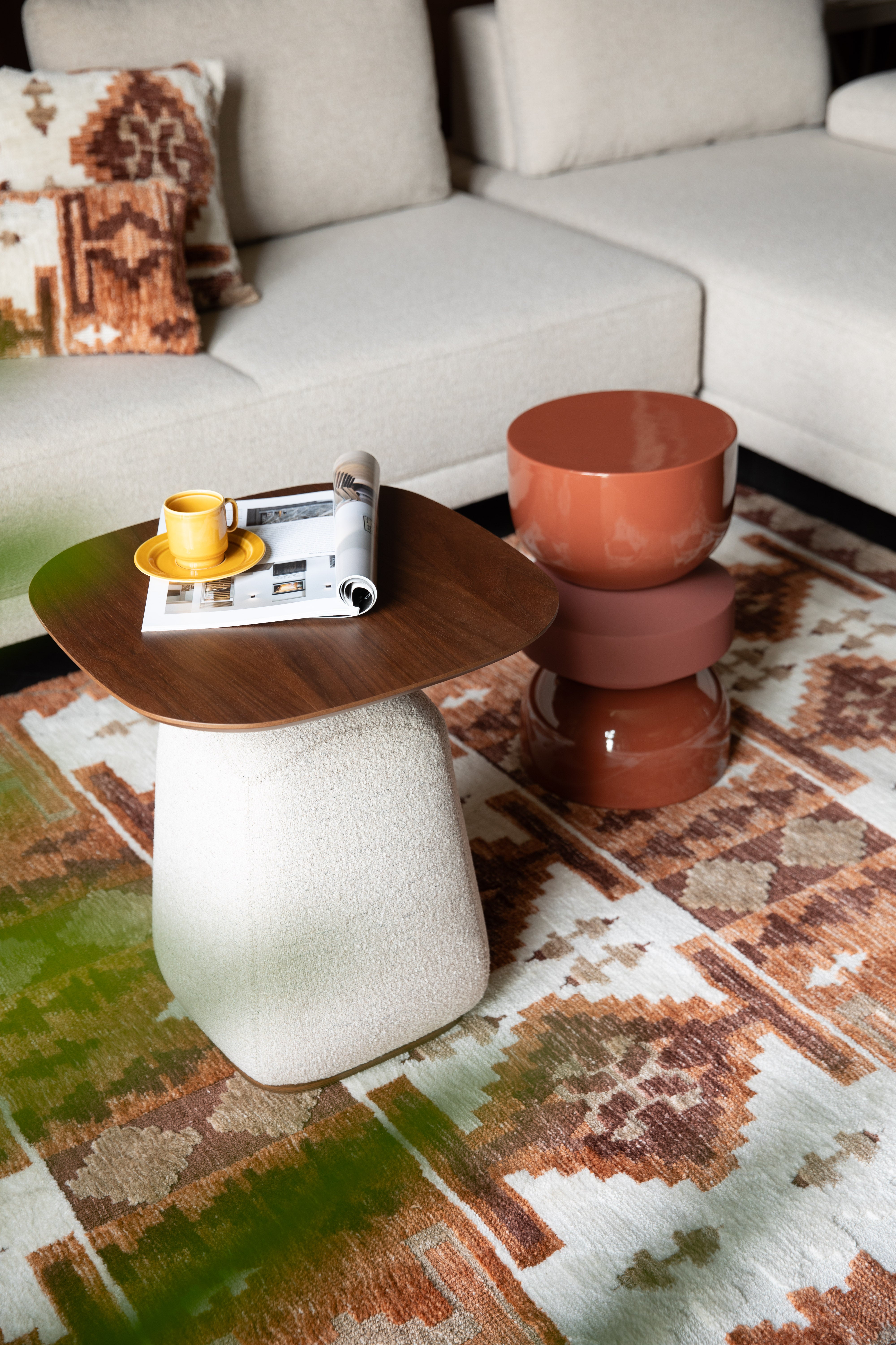 Dutchbone Shelly Off-White Boucle & Wood Side Table